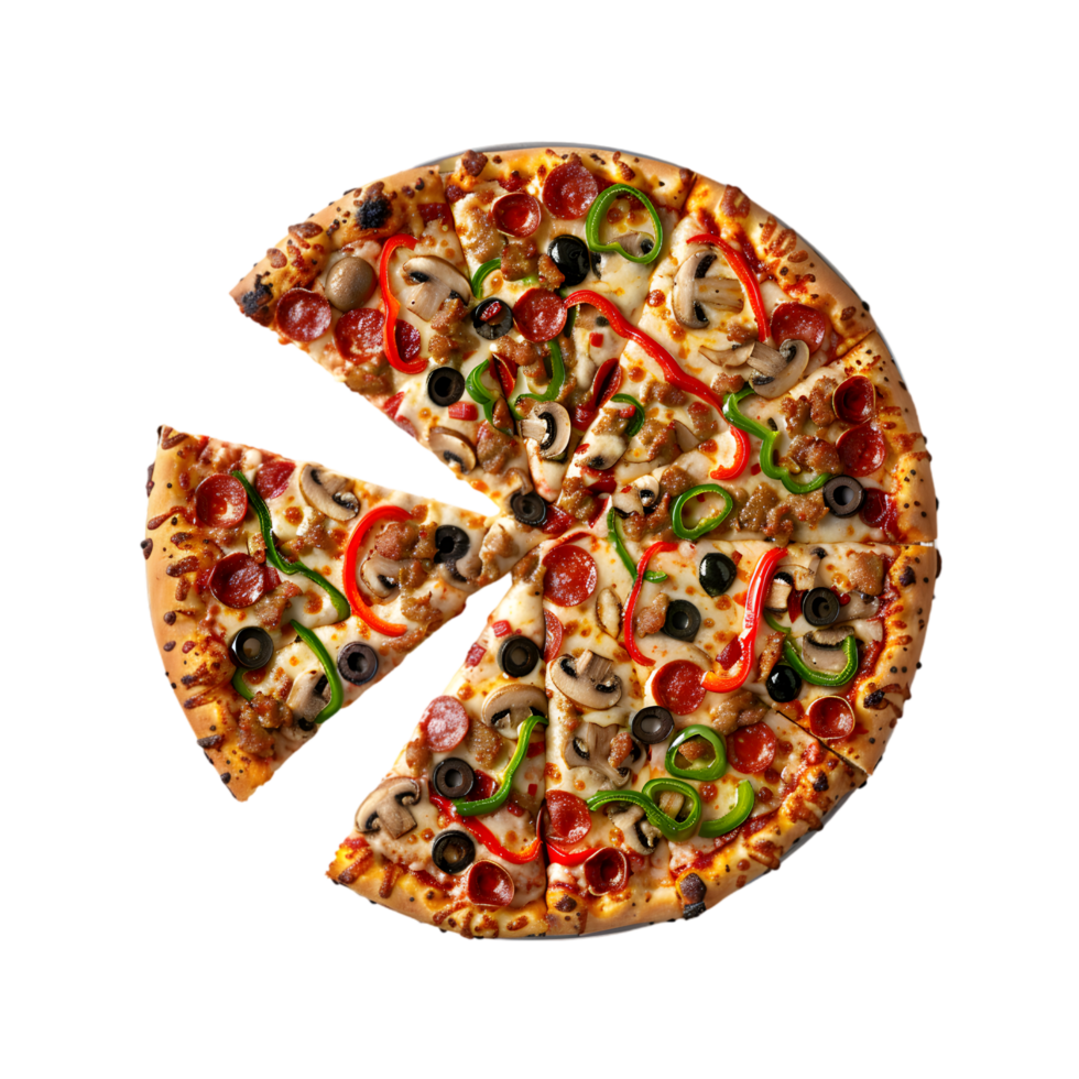 Vegetable pizza with a sliced piece on a transparent background png