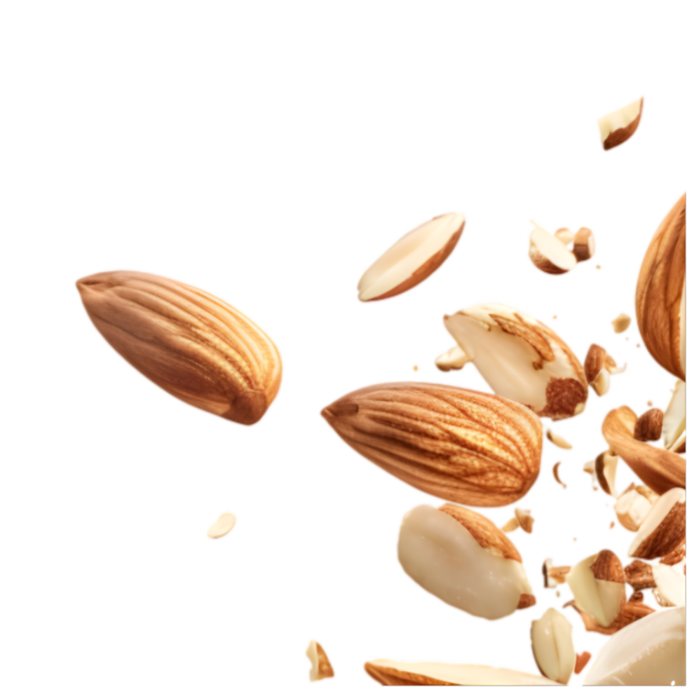 Exploding almonds and almond pieces isolated on a transparent background png