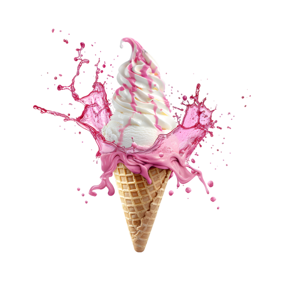 Pink cone ice cream with a splash on a transparent background png