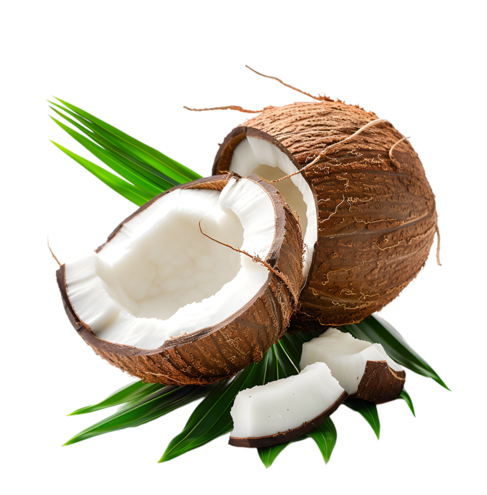 Whole and cracked coconut with leaves isolated on a transparent background png