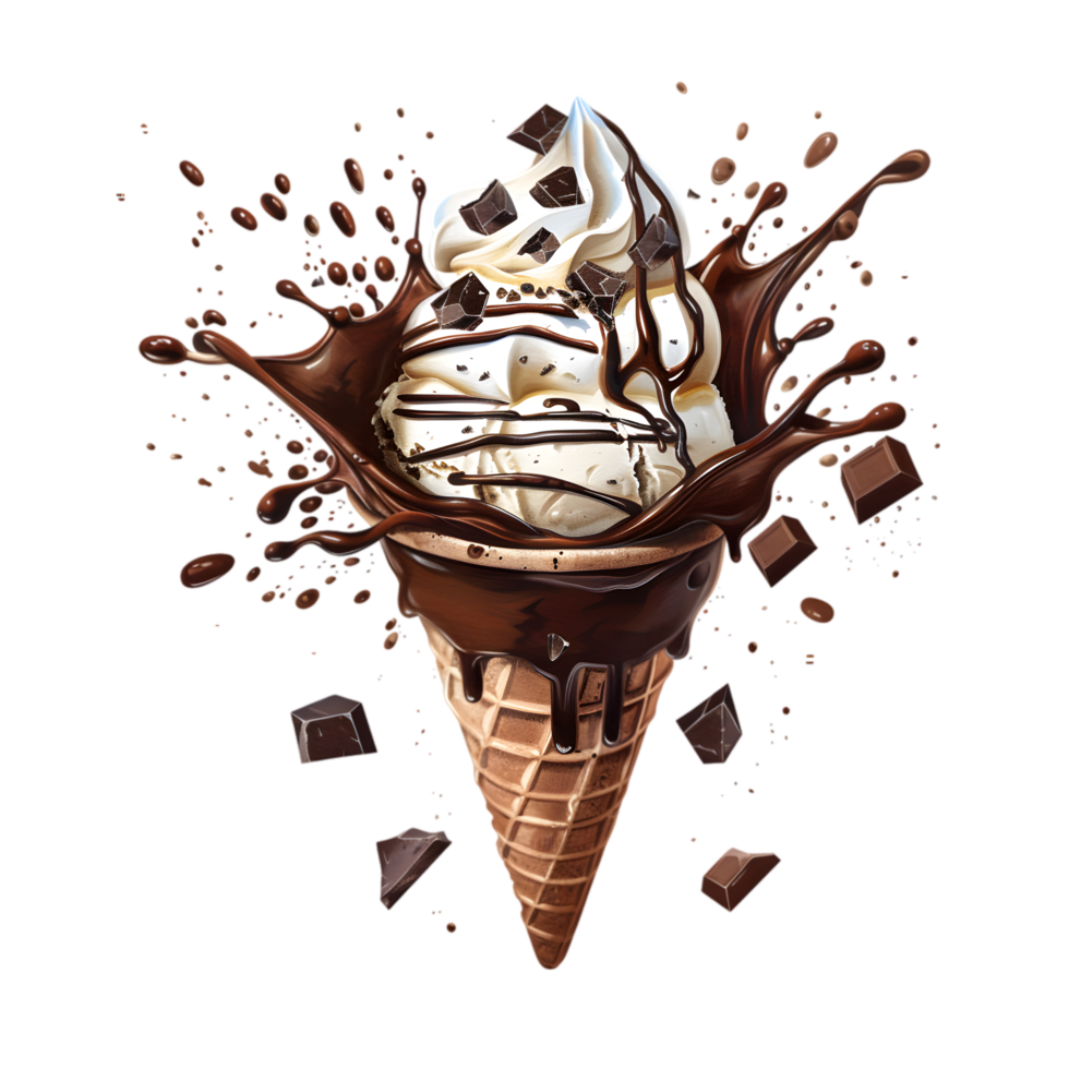 Vanilla cone ice cream with chocolate splash and pieces on a transparent background png