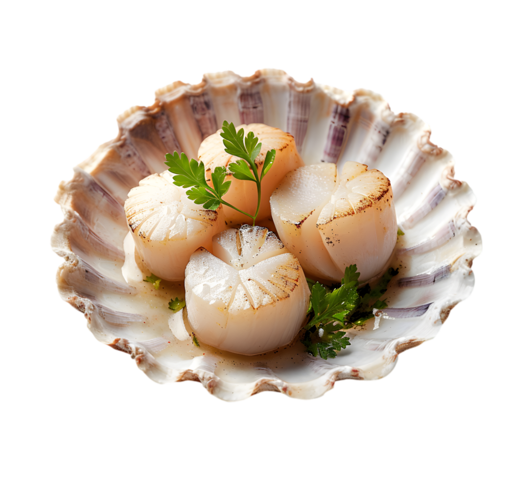 Grilled scallops with herbs in shell isolated on a transparent background png