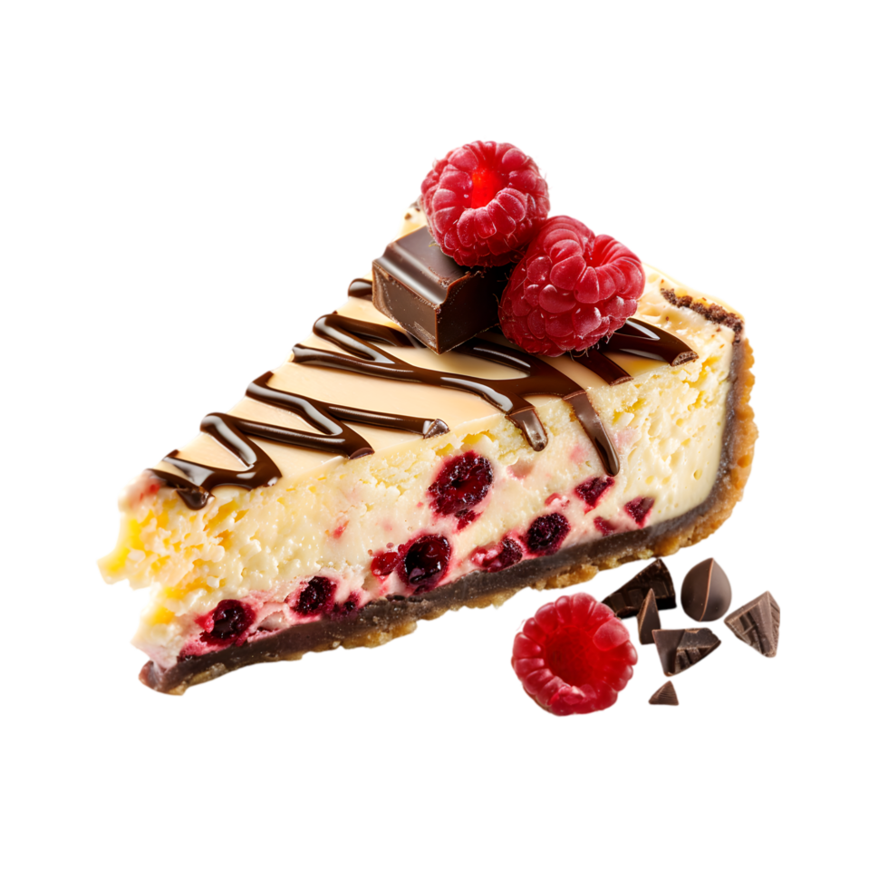 Raspberry cheesecake slice with chocolate drizzle on a transparent background png