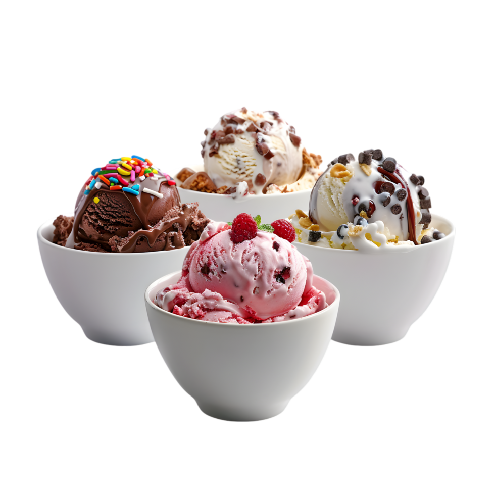 Ice cream scoops with toppings in white bowls on a transparent background png
