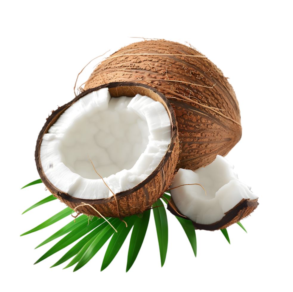 Cracked coconut with leaves isolated on a transparent background png