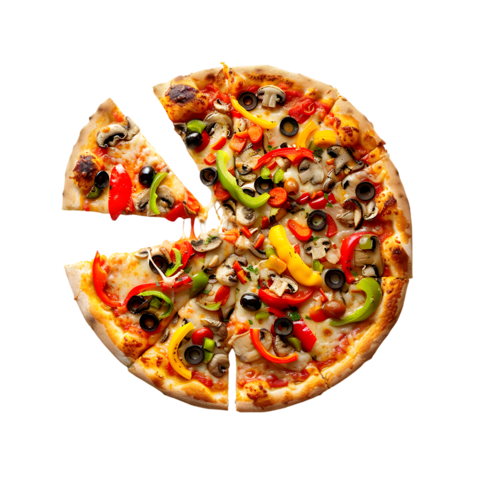 Vegetable pizza with a sliced piece on a transparent background png