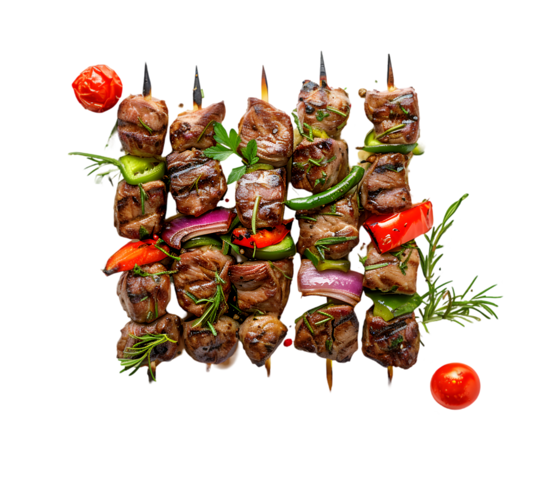 Grilled meat kebabs with vegetables isolated on a transparent background png