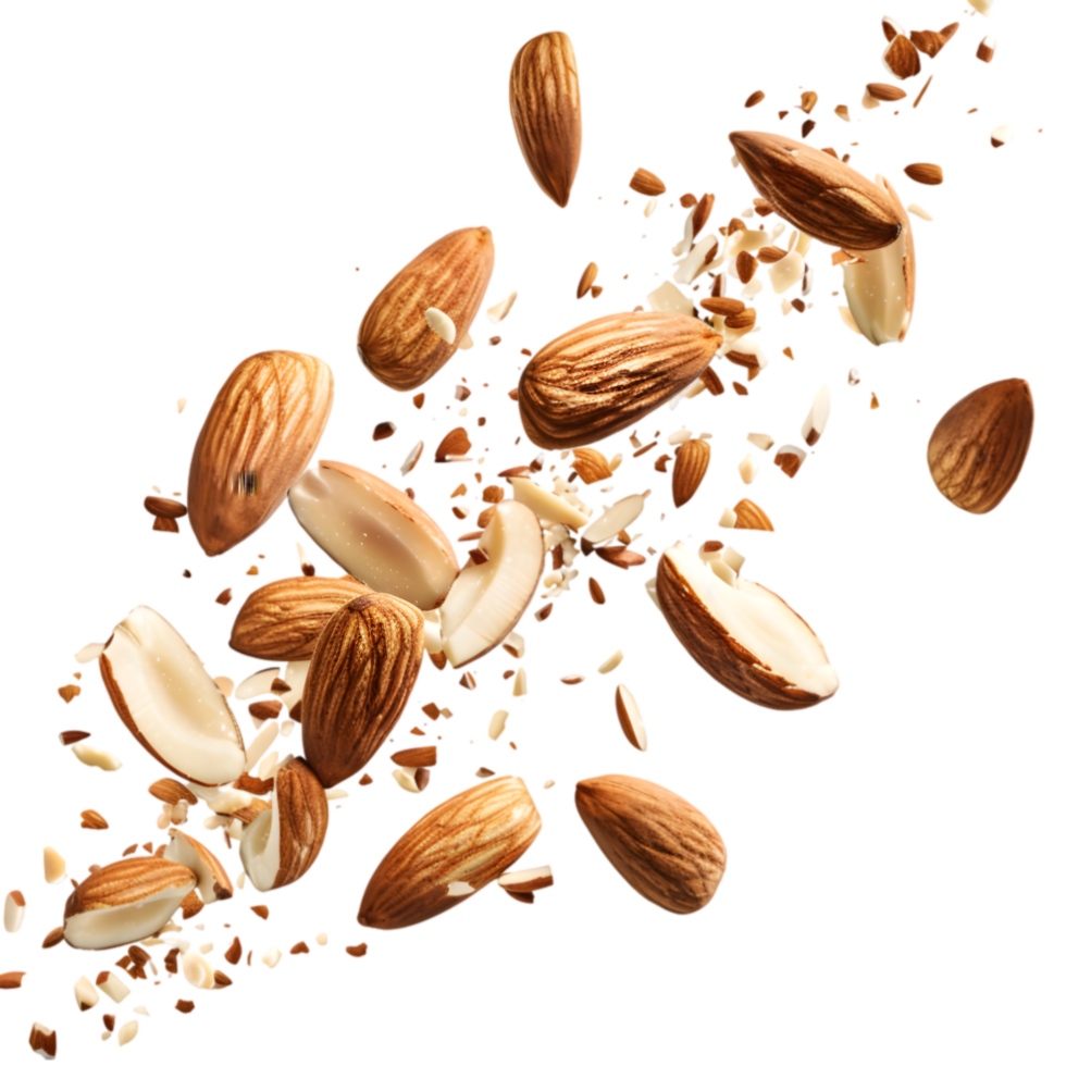 Exploding almonds and almond pieces isolated on a transparent background png