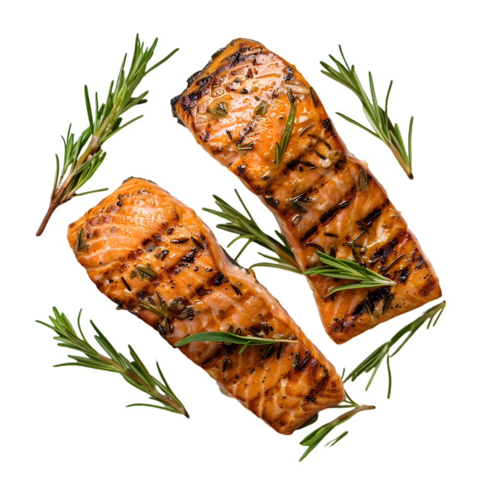 Grilled salmon fillets with herbs isolated on a transparent background png