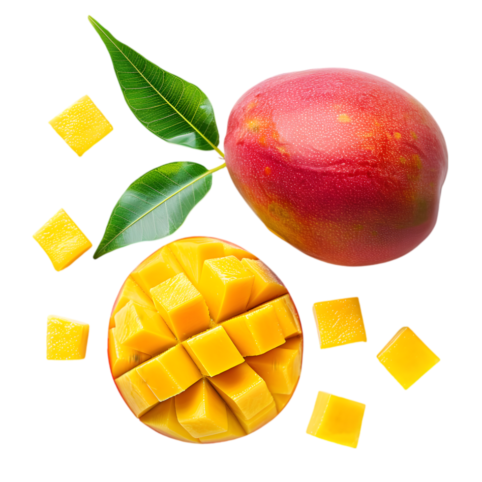 Whole mango and sliced pieces isolated on a transparent background png