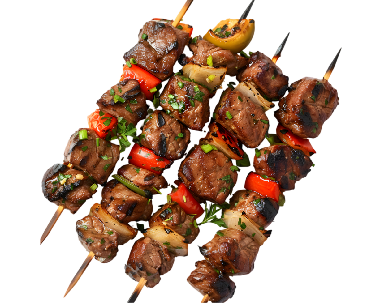 Grilled meat kebabs with vegetables isolated on a transparent background png