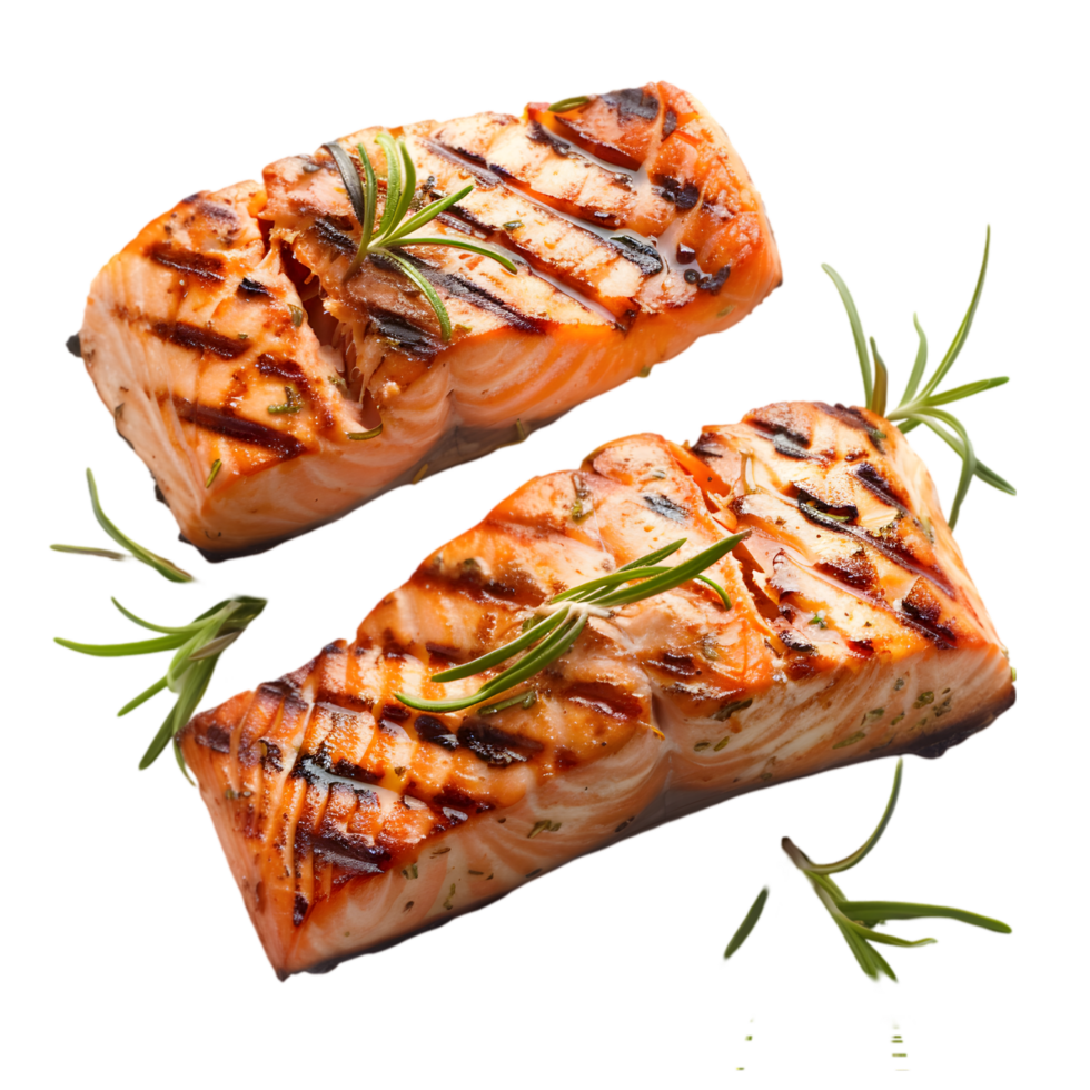 Grilled salmon fillets with herbs isolated on a transparent background png