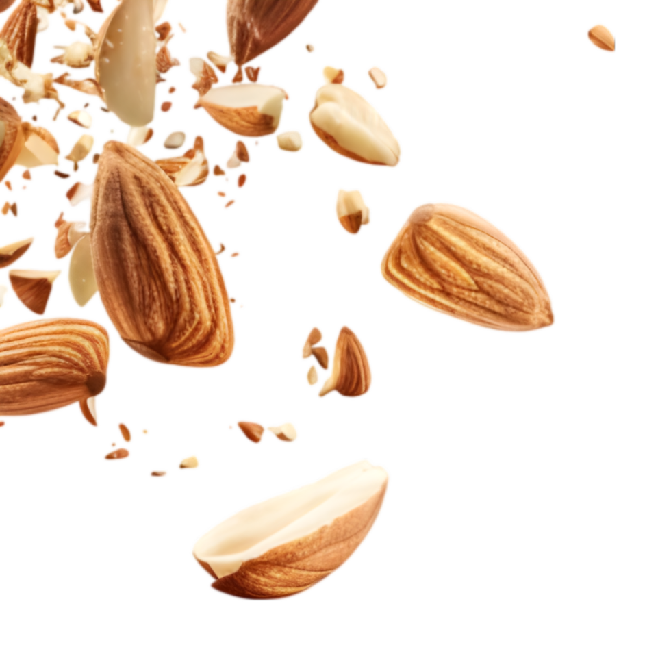 Exploding almonds and almond pieces isolated on a transparent background png