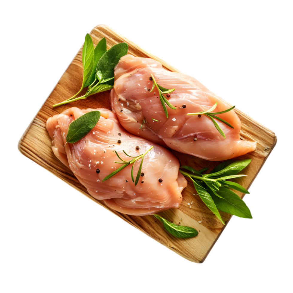 Raw chicken breast fillets with herbs on a wooden board isolated on a transparent background png