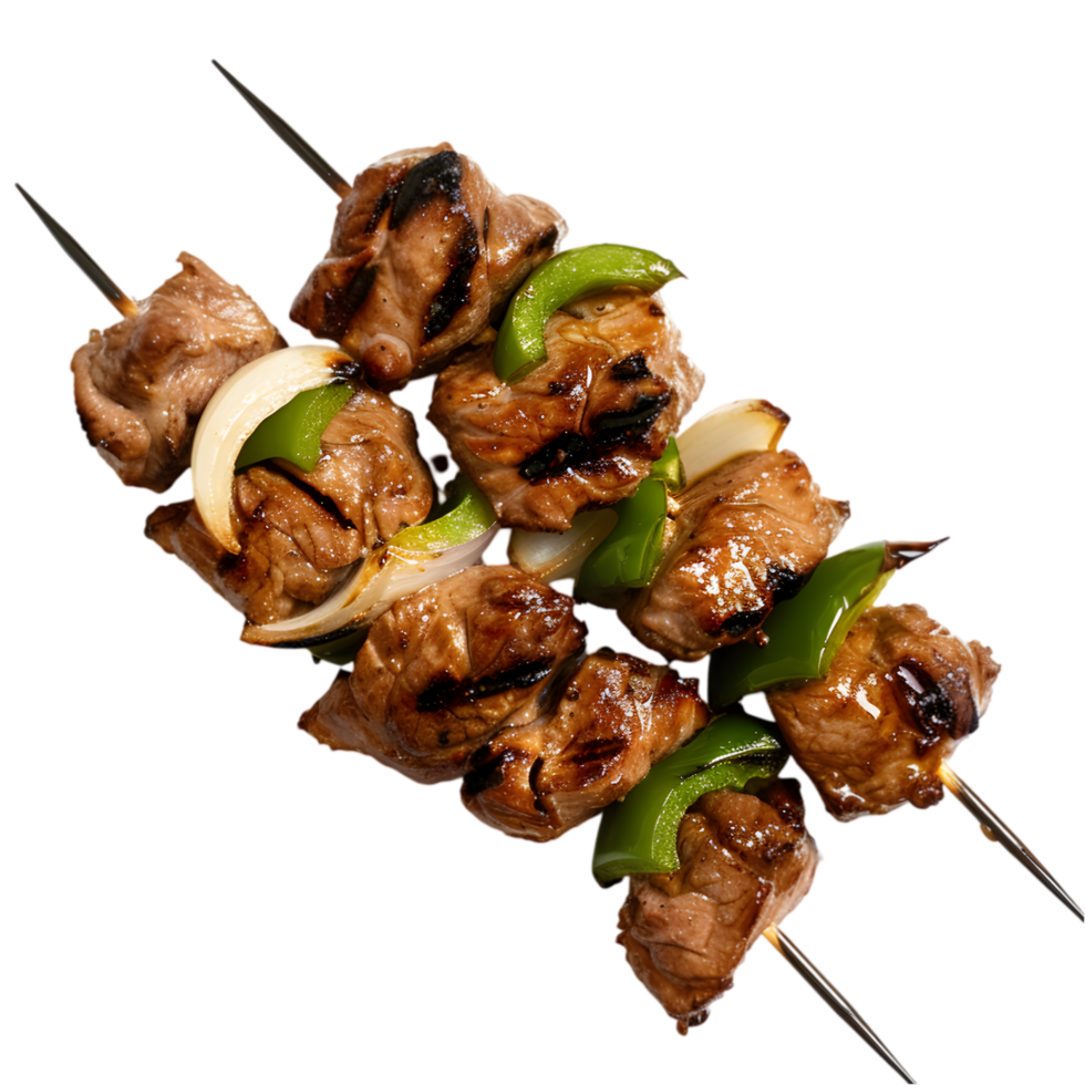 Grilled meat kebabs with vegetables isolated on a transparent background png
