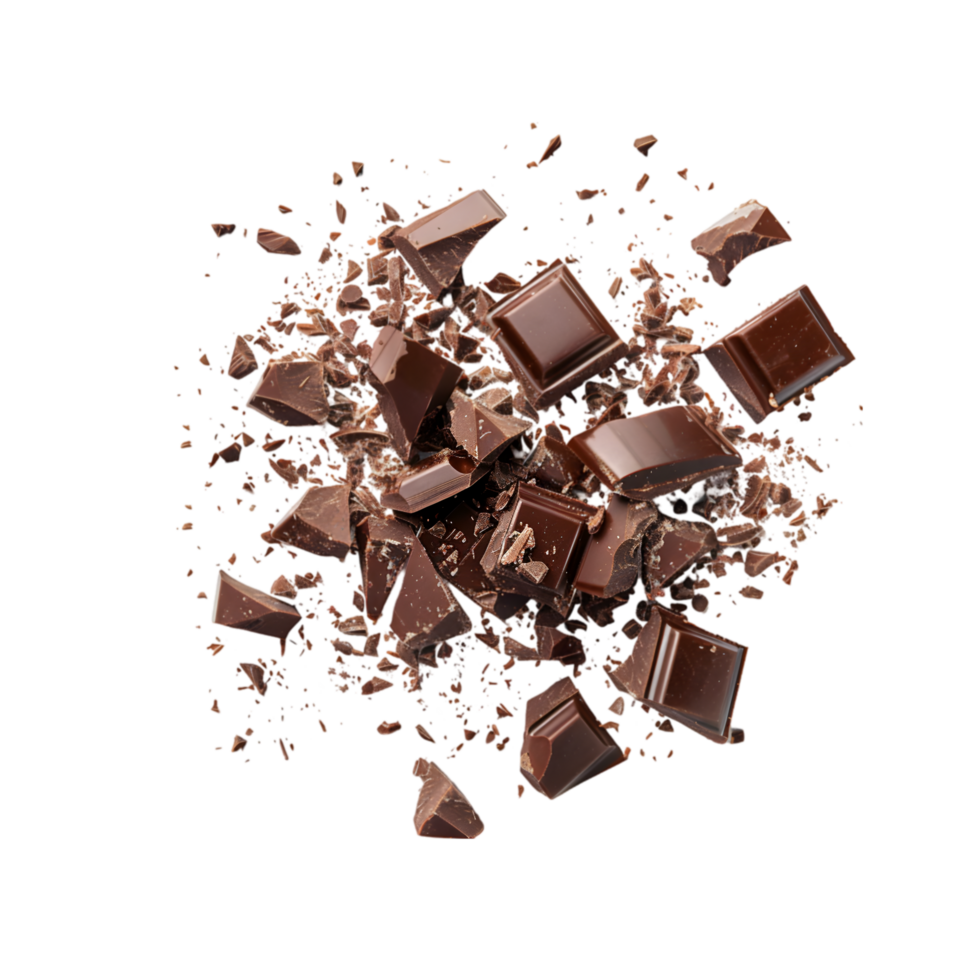 Exploding chocolate pieces isolated on a transparent background png
