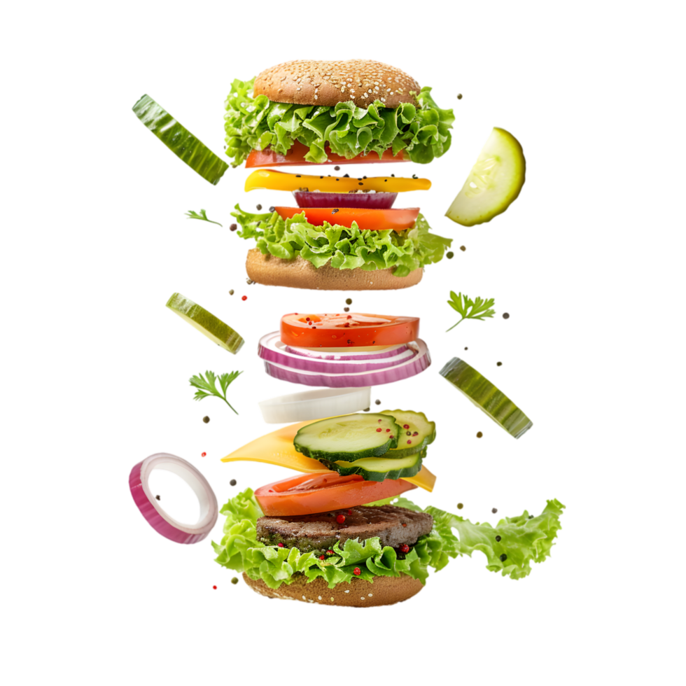 Floating burger ingredients with fresh vegetables on a transparent background png
