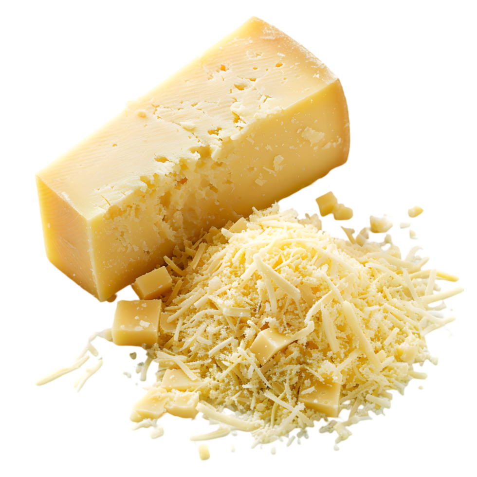 Swiss cheese block with shredded cheese isolated on a transpare png