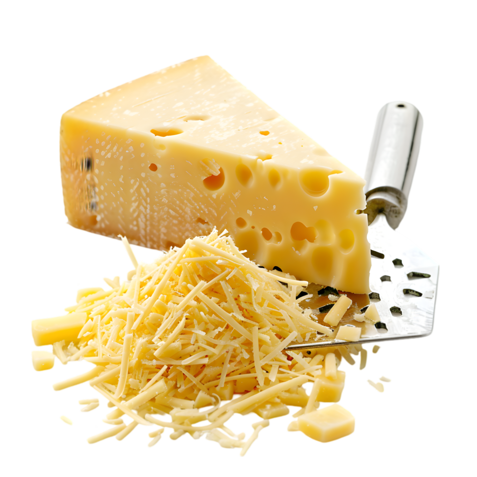 Swiss cheese block with shredded cheese isolated on a transpare png