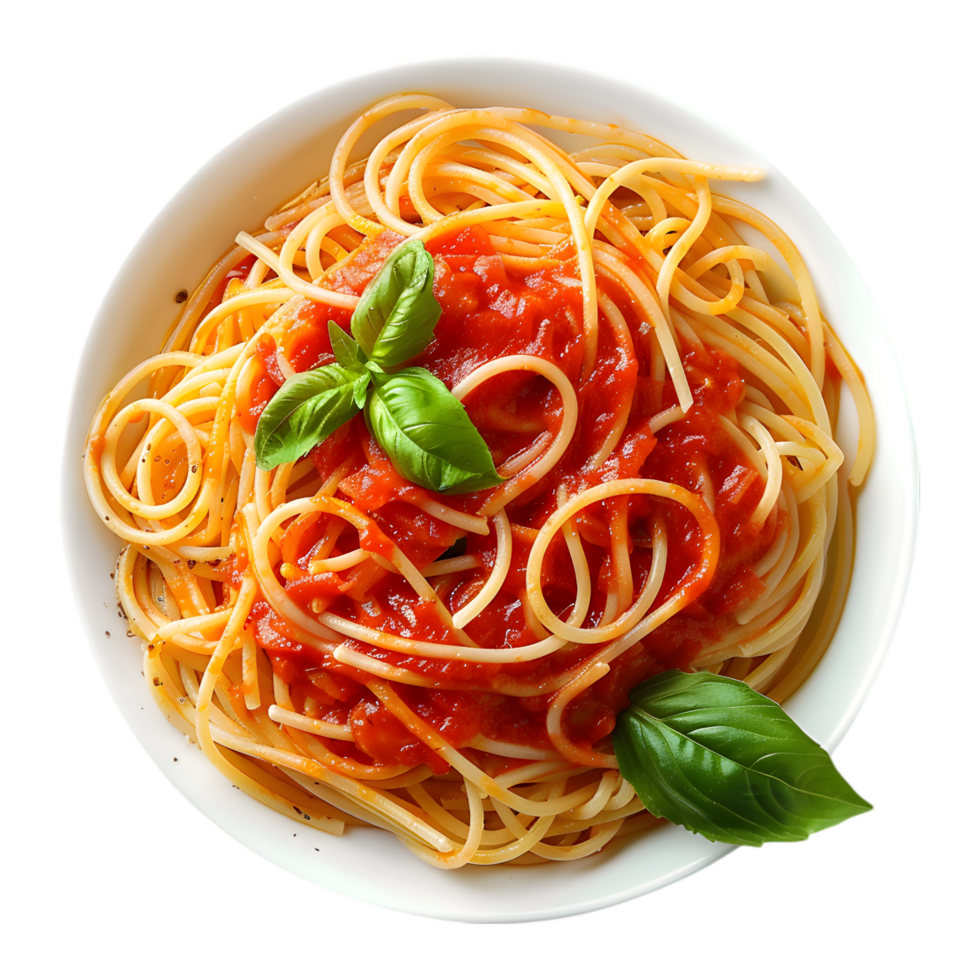Spaghetti with tomato sauce and basil garnish isolated on a transparent background png