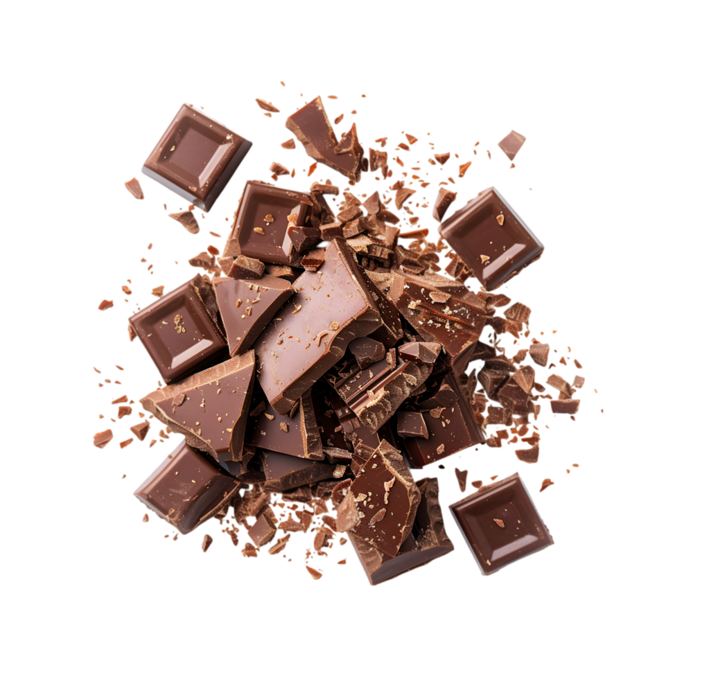 Exploding chocolate pieces isolated on a transparent background png