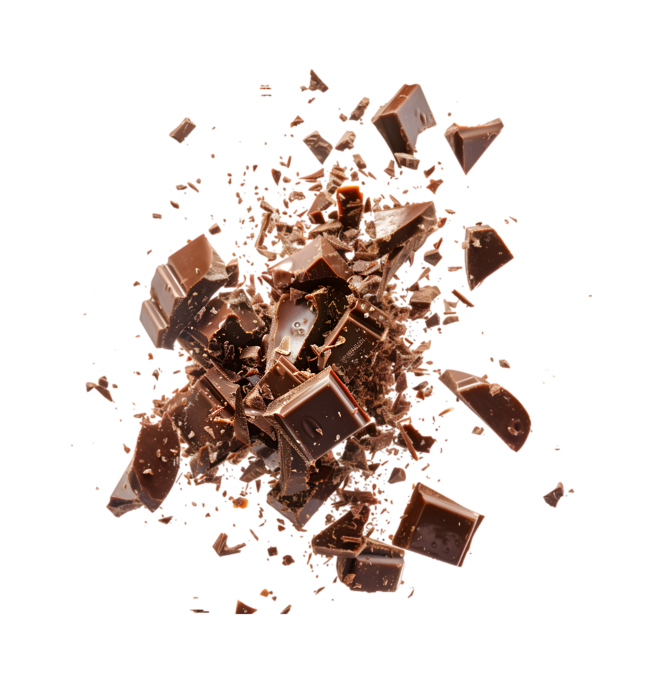 Exploding chocolate pieces isolated on a transparent background png