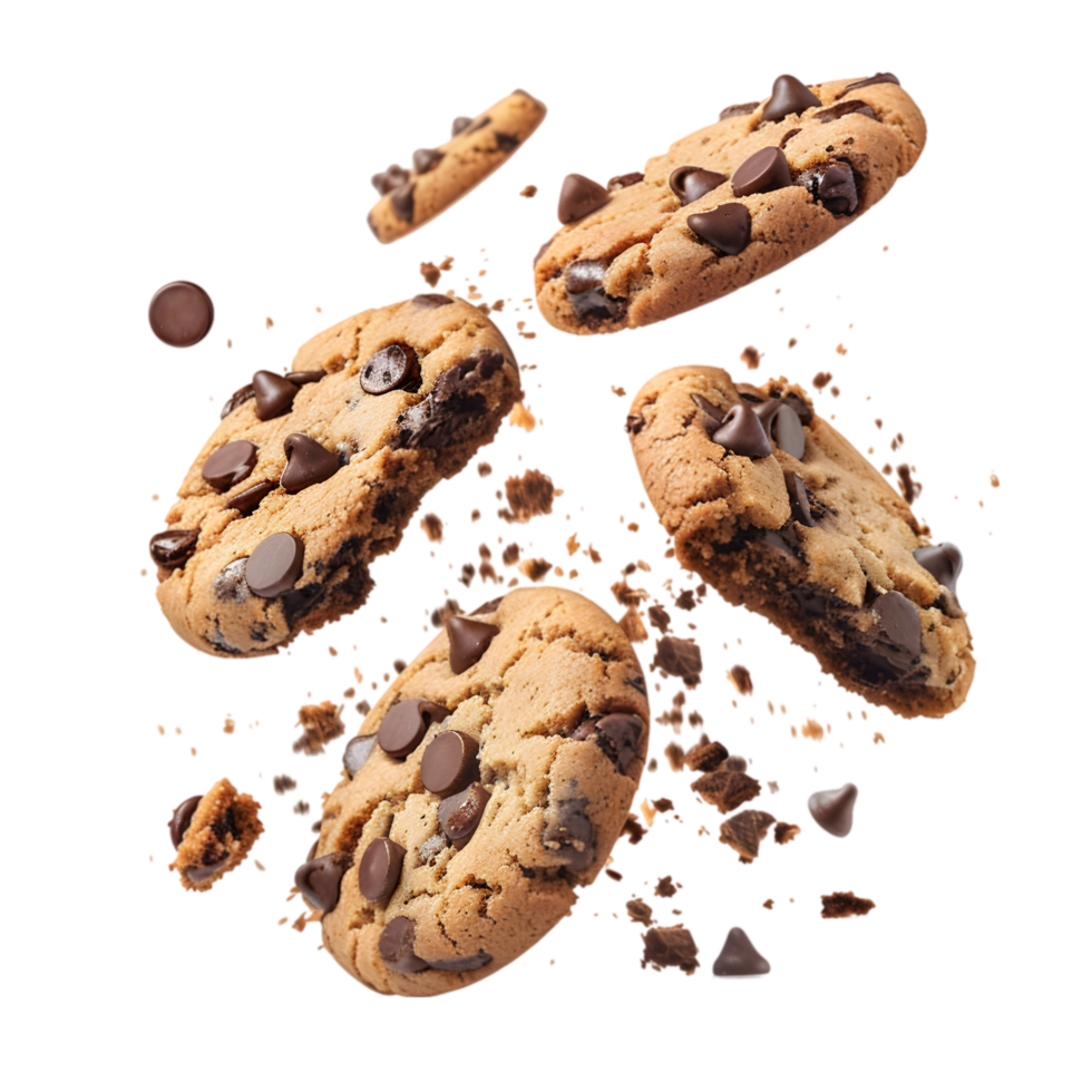 Chocolate chip cookie explosion isolated on a transparent background png