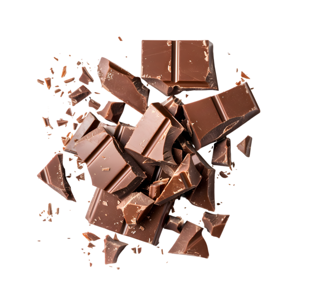 Exploding chocolate pieces isolated on a transparent background png