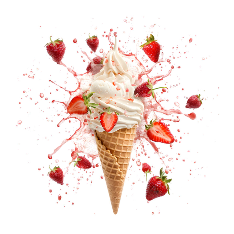 Strawberry cone ice cream with fresh berries and splash on a transparent background png