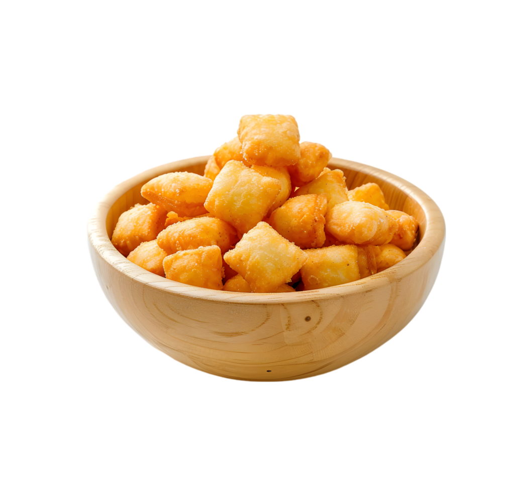 Cheese popcorn in a wooden bowl isolated on a transparent background png