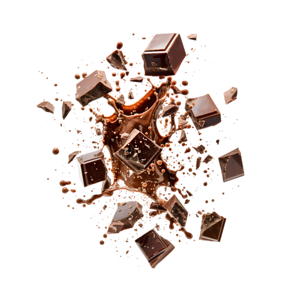 Exploding chocolate pieces isolated on a transparent background png