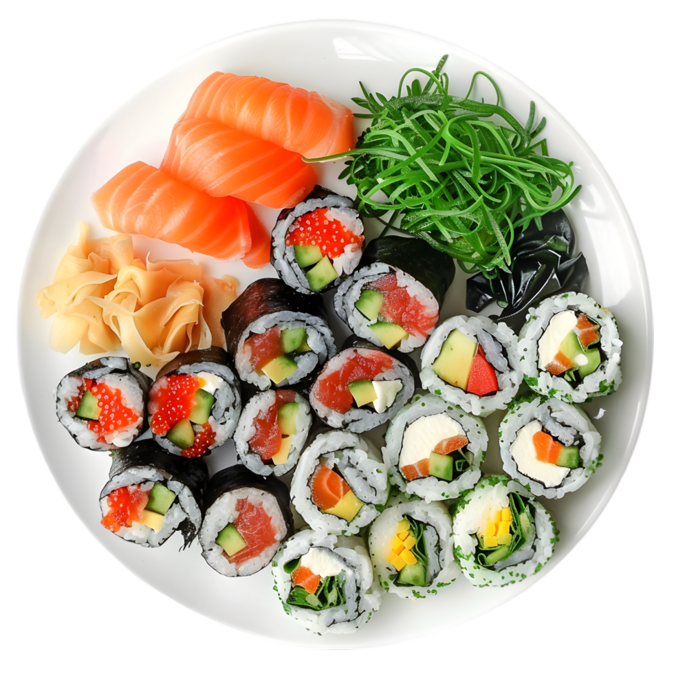 Plate of Sushi Rolls with Various Fillings and Pickled Ginger on Transparent Background png