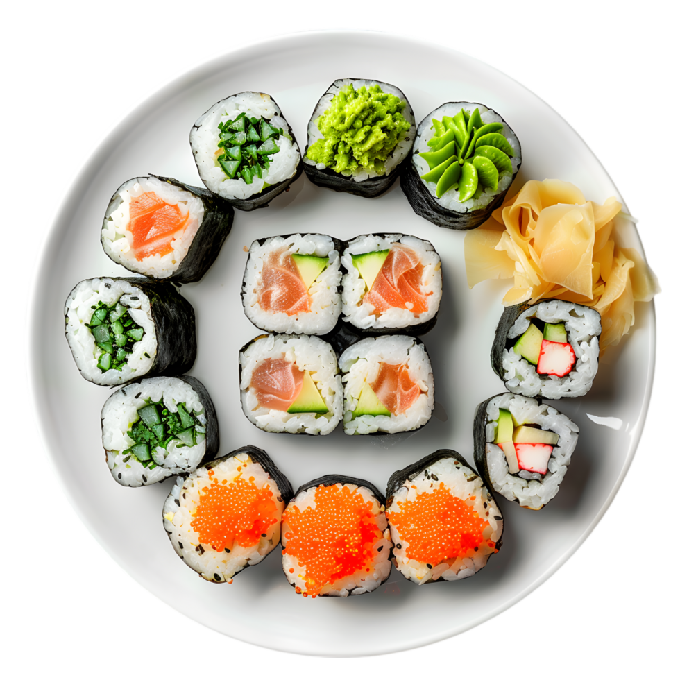 Plate of Sushi Rolls with Various Fillings and Pickled Ginger on Transparent Background png