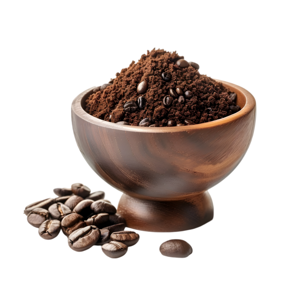 Ground Coffee and Coffee Beans in Wooden Bowl on a Transparent Background png