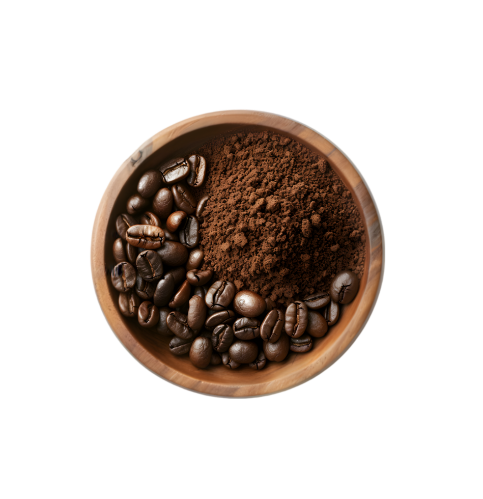 Ground Coffee and Coffee Beans in Wooden Bowl on a Transparent Background png