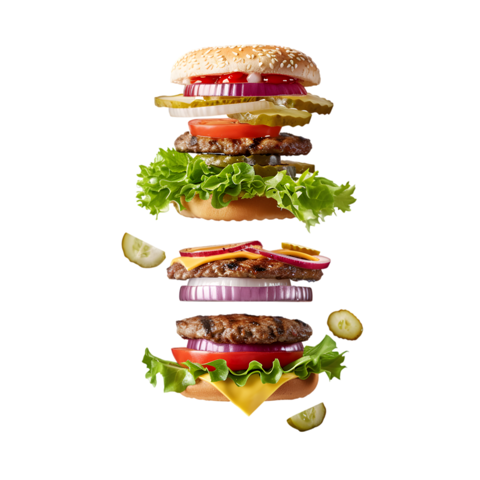 Floating burger ingredients with fresh vegetables on a transparent background png