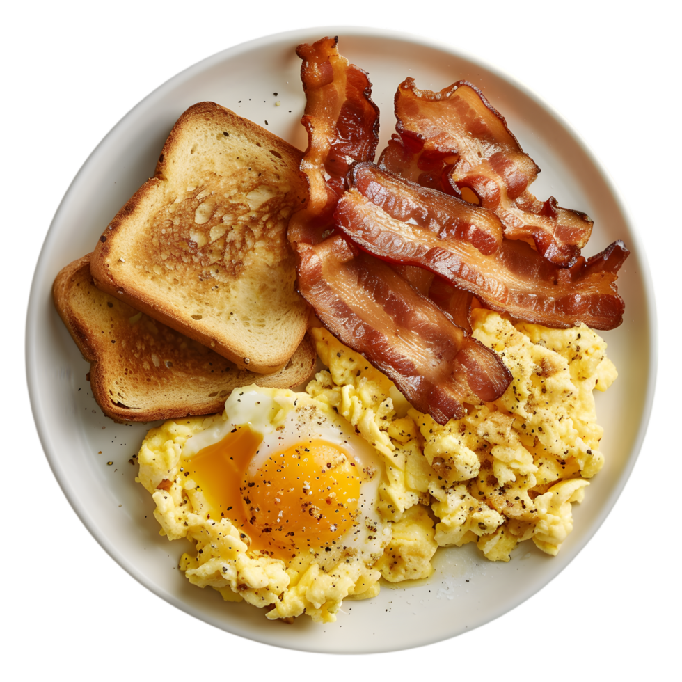 Classic Breakfast Spread with Scrambled Eggs, Crispy Bacon, and Buttered Toast Isolated on Transparent Background png