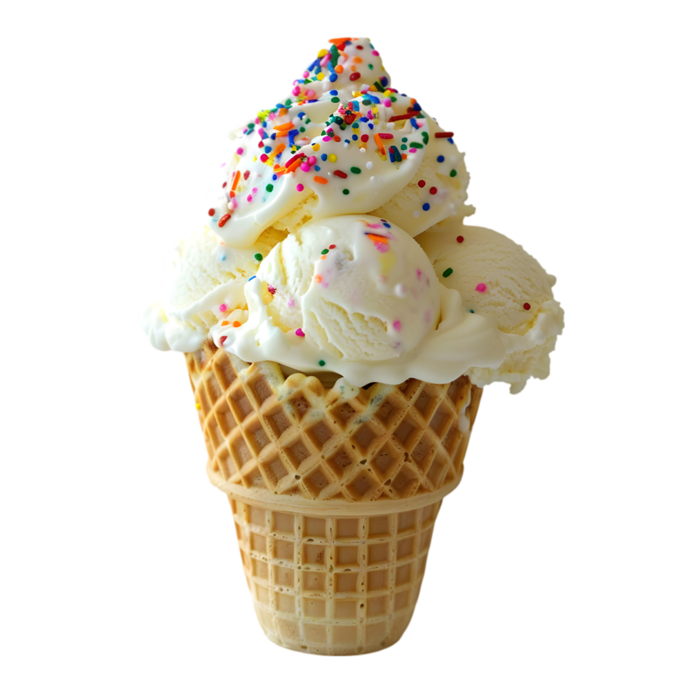 Vanilla Ice Cream in Waffle Cone Topped with Sprinkles Isolated on Transparent Background png