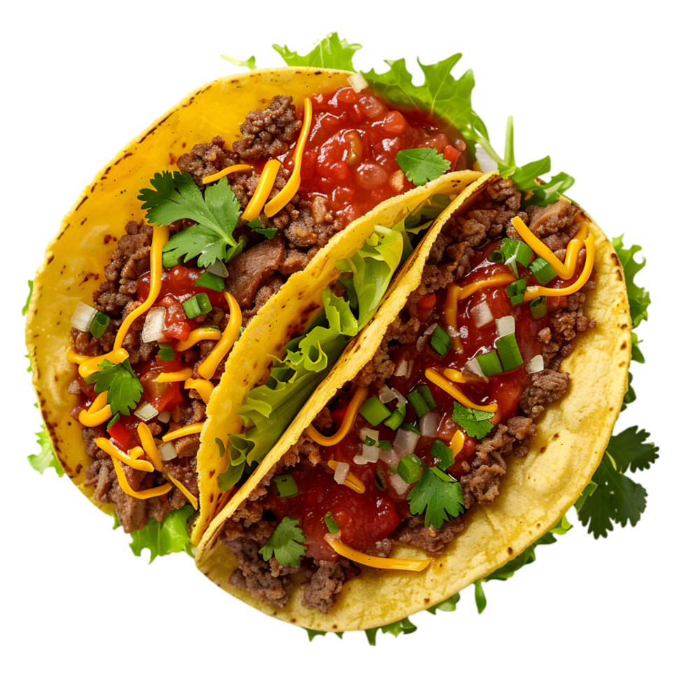 Mexican Tacos with Beef, Lettuce, Cheese, and Salsa on Transparent Background png