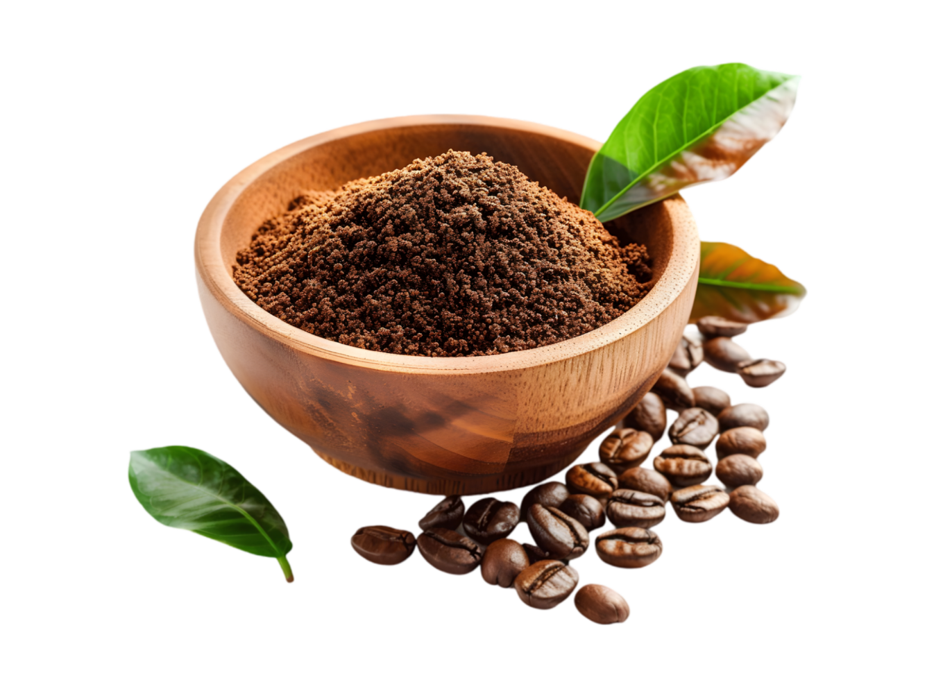 Coffee Powder in a Wooden Bowl with Beans and Leaves, Transparent Background png