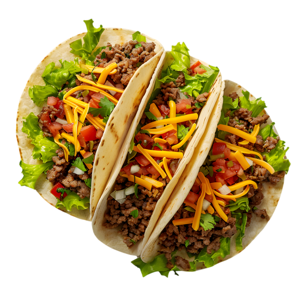 Mexican Tacos with Beef, Lettuce, Cheese, and Salsa on Transparent Background png