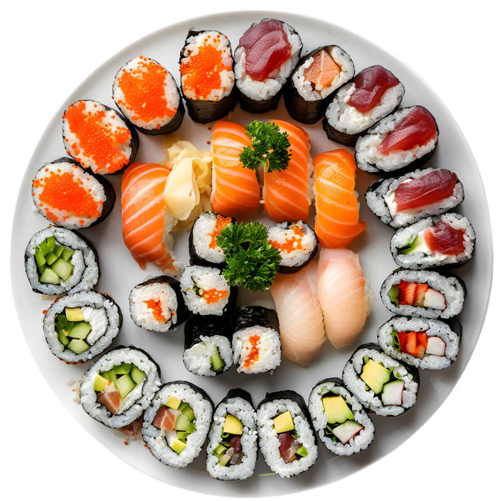 Plate of Sushi Rolls with Various Fillings and Pickled Ginger on Transparent Background png