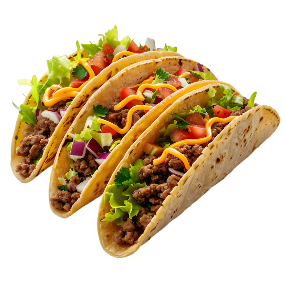 Mexican Tacos with Beef, Lettuce, Cheese, and Salsa on Transparent Background png