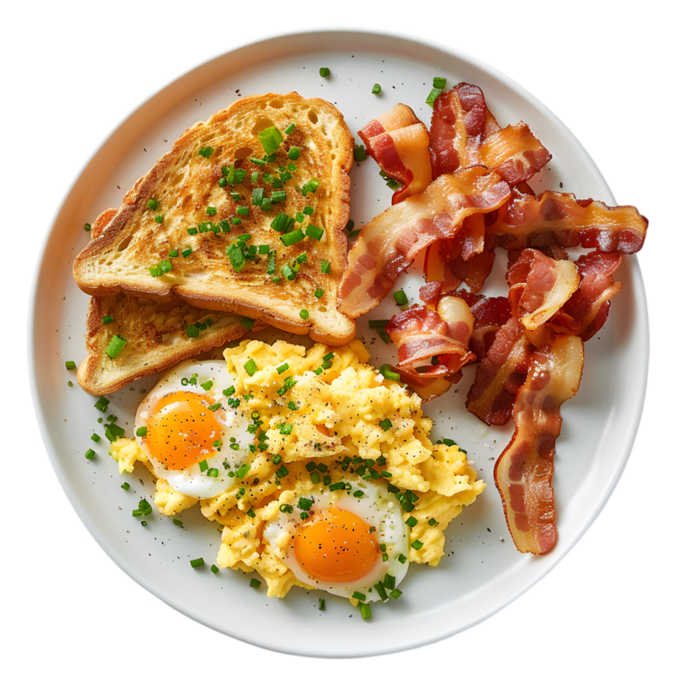 Breakfast Spread with Scrambled Eggs, Crispy Bacon, and Buttered Toast Isolated on Transparent Background png