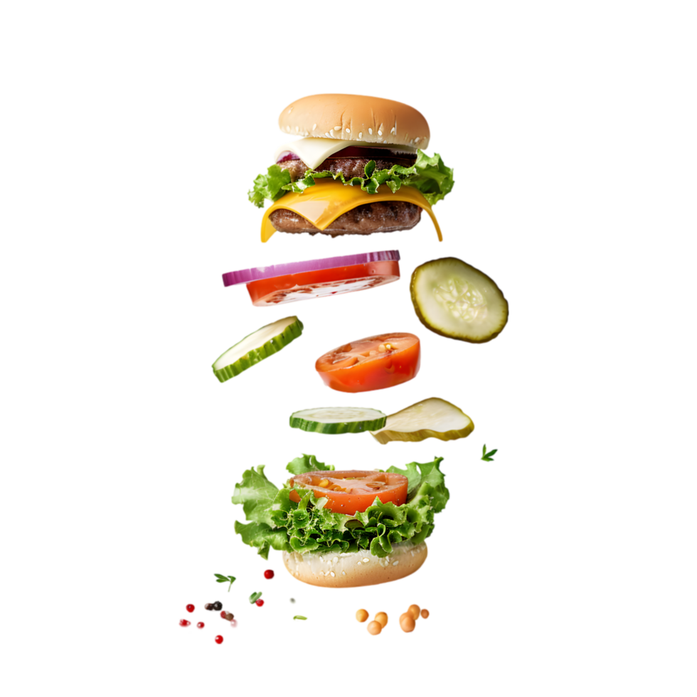 Floating burger ingredients with fresh vegetables on a transparent background png