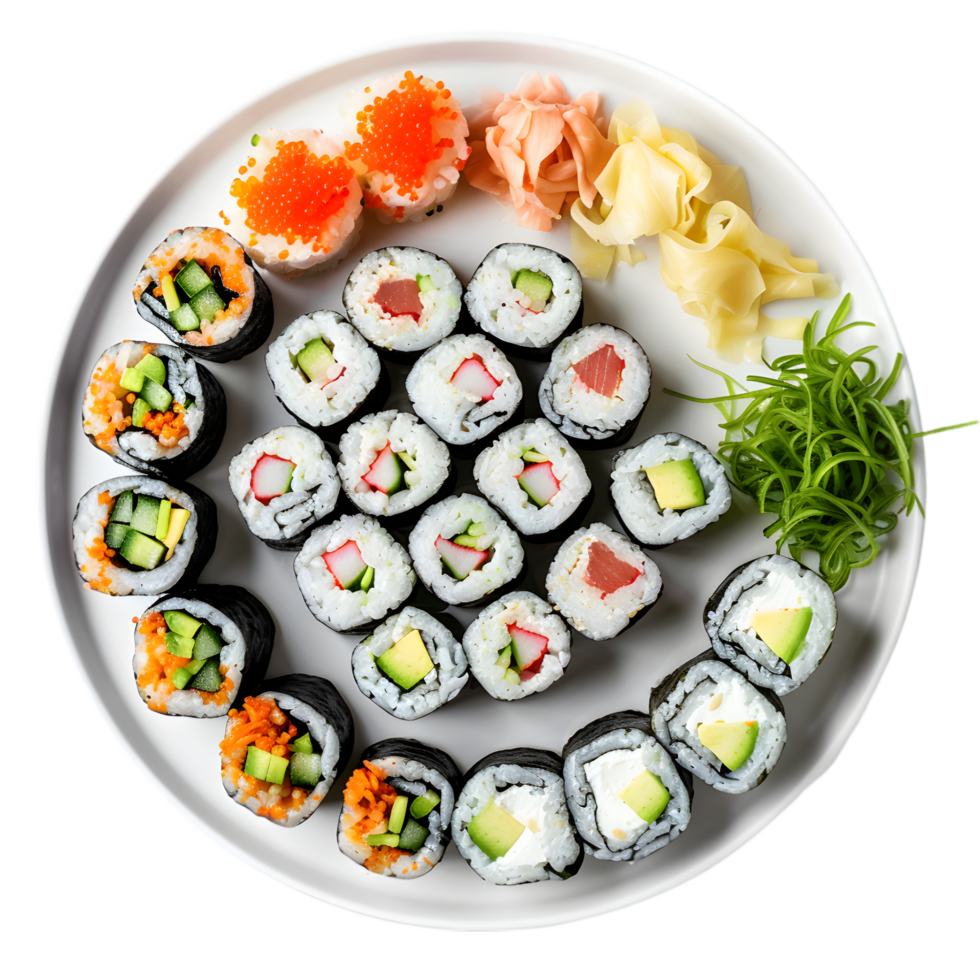 Plate of Sushi Rolls with Various Fillings and Pickled Ginger on Transparent Background png