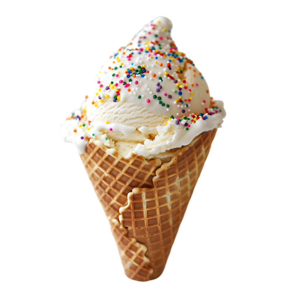 Vanilla Ice Cream in Waffle Cone Topped with Sprinkles Isolated on Transparent Background png
