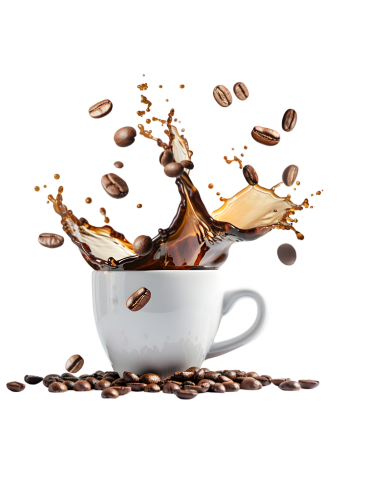 Coffee Beans and Splash in Cup with Transparent Background png