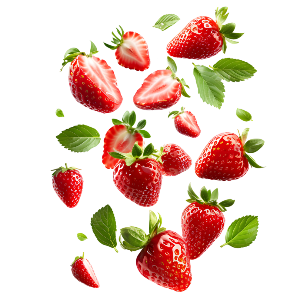 Strawberries with Half Slices Falling on Transparent Background png