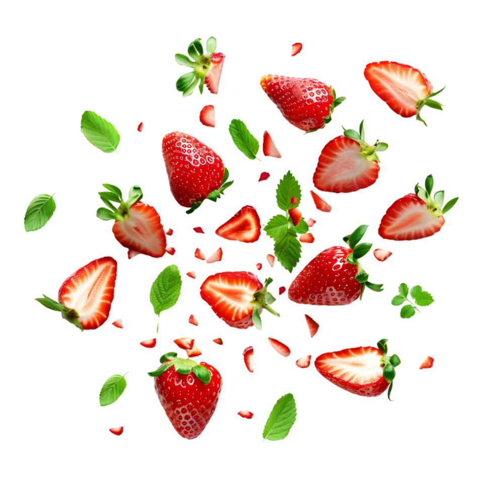 Strawberries with Half Slices Falling on Transparent Background png